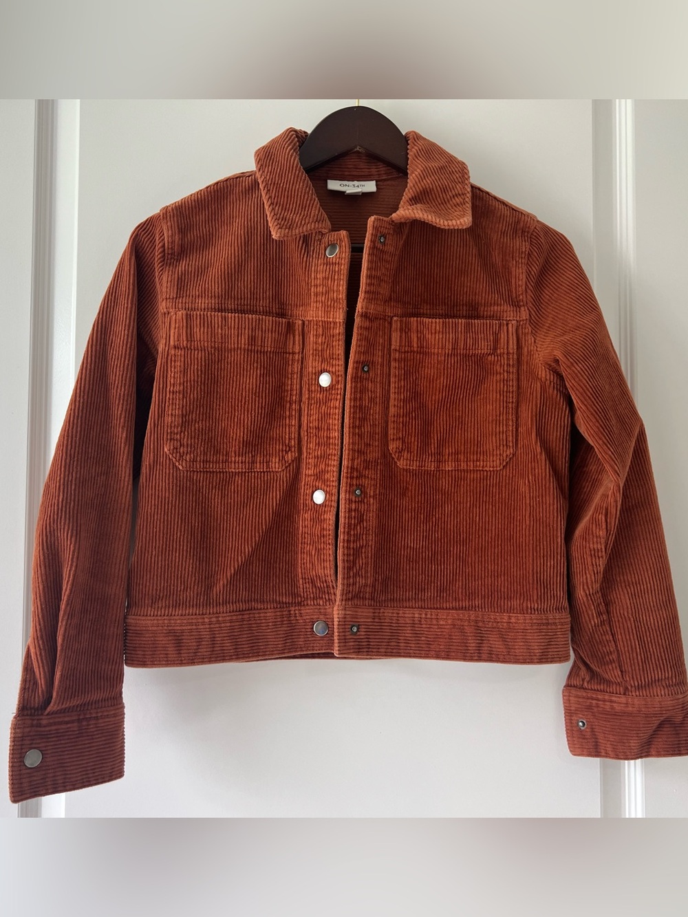 ON 34th Rust Burnt Orange Corduroy Cropped Trucker Jacket Shacket Boho Size XS